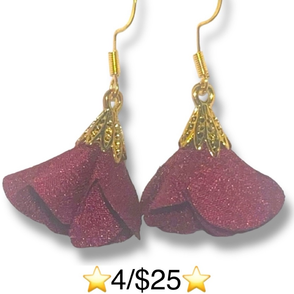 Handmade Burgundy Flower Earrings w/Gold Plated S925 Sterling Silver Hooks